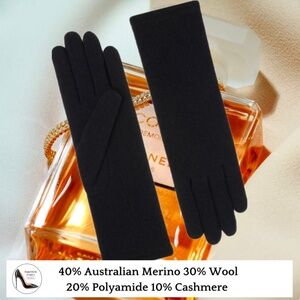 Luxury Cashmere Merino Wool Gloves Classic Black Winter Mittens Fleece inside